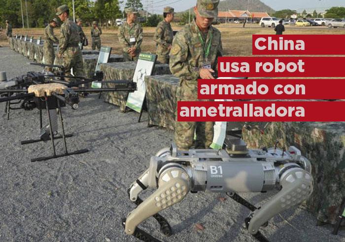 Soldado de China pasea a un perro robot armado con una ametralladora