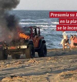 Presumía su Jeep en la playa y se le incendió