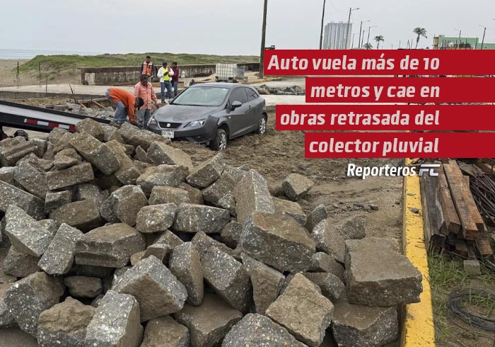 Auto vuela más de 10 metros y cae en obras de colector pluvial en el malecón