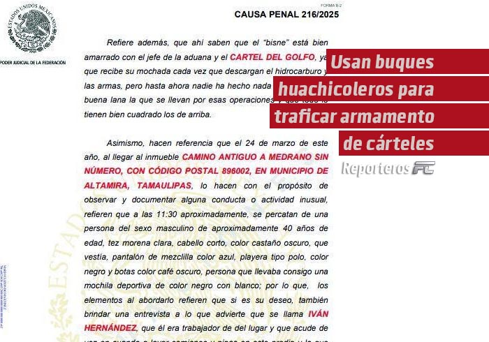 Usan buques huachicoleros para traficar armamento de cárteles