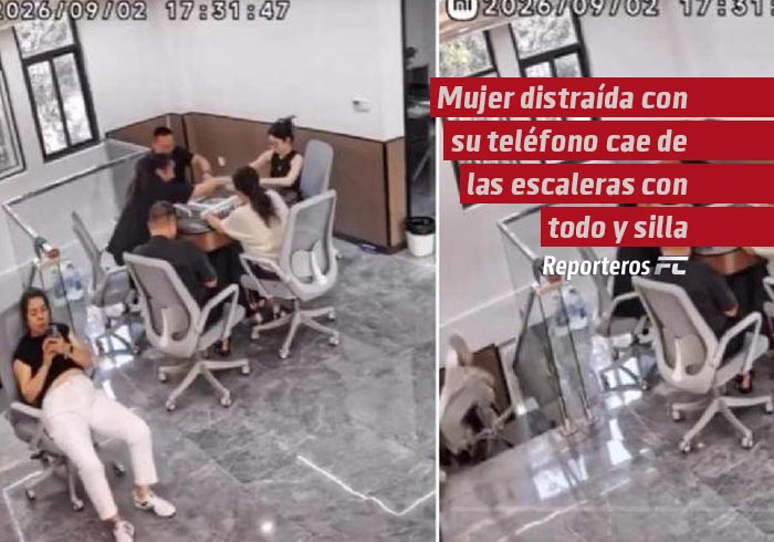 Mujer distraída con su teléfono cae de las escaleras con todo y silla